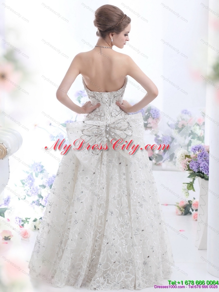 Pretty Strapless Bownot Lace White Wedding Dresses with Rhinestones