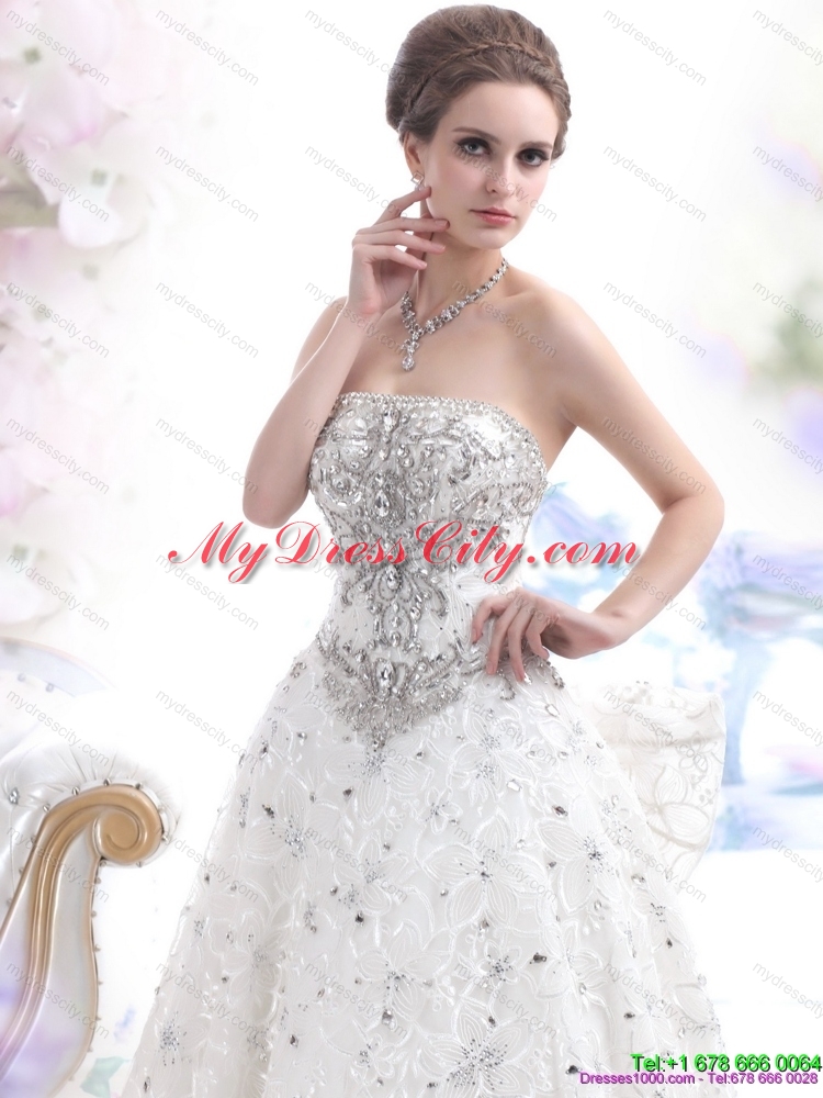 Pretty Strapless Bownot Lace White Wedding Dresses with Rhinestones