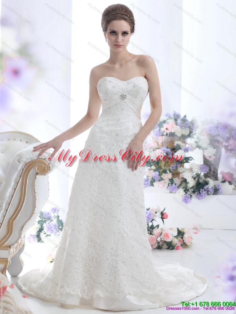 Pretty White Sweetheart Beading Lace Wedding Dresses with  Brush Train