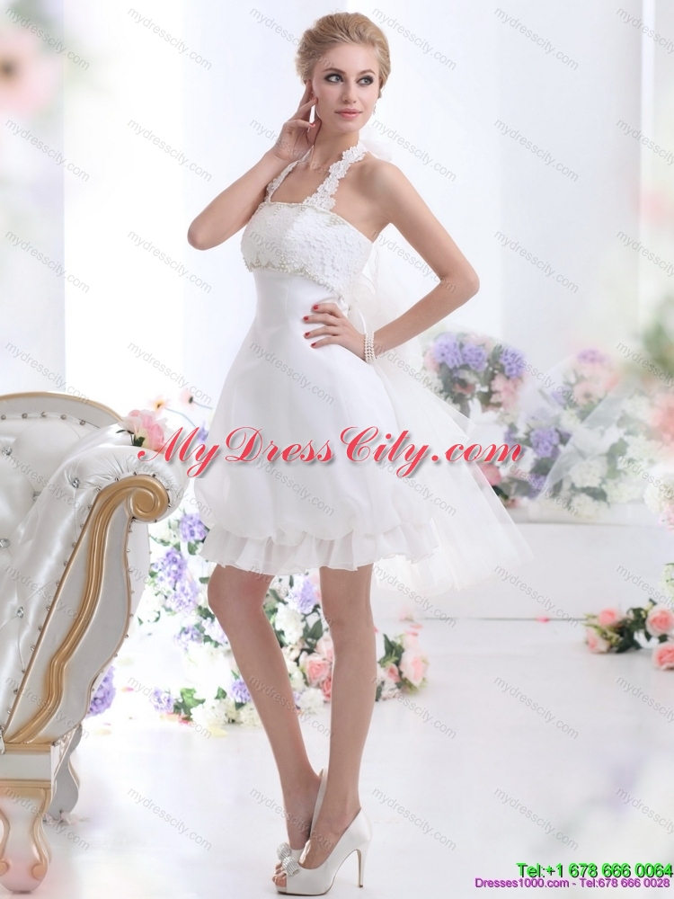 Cheap Halter Top Laced Short Bridal Gowns in White