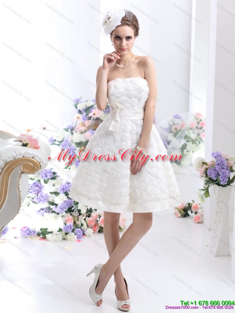 Short Strapless Wedding Gowns with Bowknot and Rolling Fowers