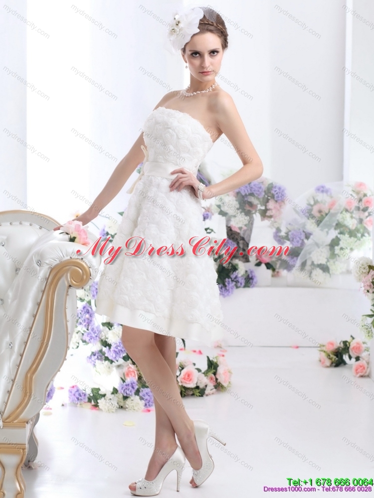 Short Strapless Wedding Gowns with Bowknot and Rolling Fowers