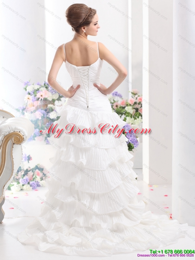 Unique Ruching White Wedding Dresses with Ruffled Layers and Brush Train