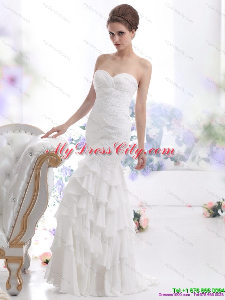 2015 Elegant Sweetheart Mermaid Wedding Dress with Ruching and Ruffled Layer