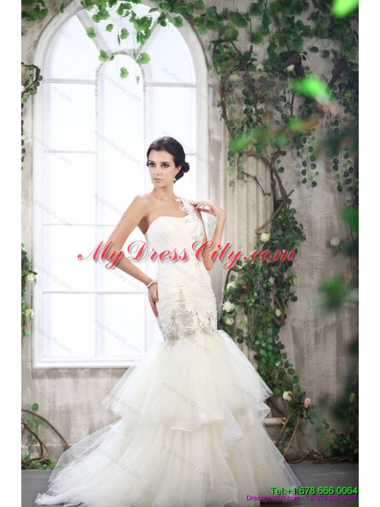 2015 Luxurious One Shoulder Mermaid Wedding Dress with Beading and Ruching