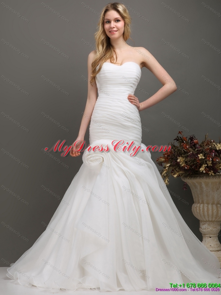 Decent Sweetheart Ruching Mermaid Wedding Dress with Brush Train for 2015