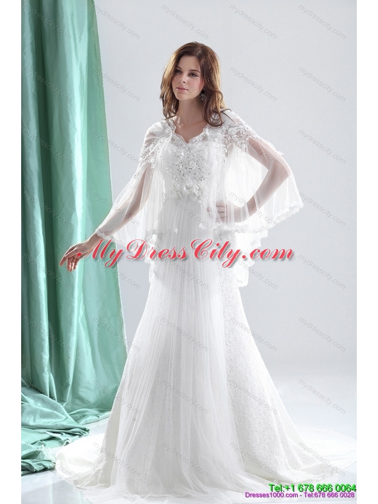 Pretty 2015 V Neck Wedding Dresses with Beading and and Ruching