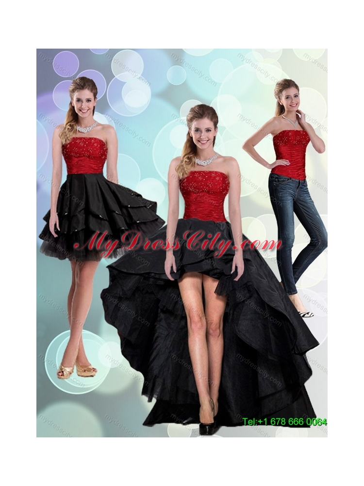 2015 Detachable Strapless Beading Prom Skirts in Red and Black