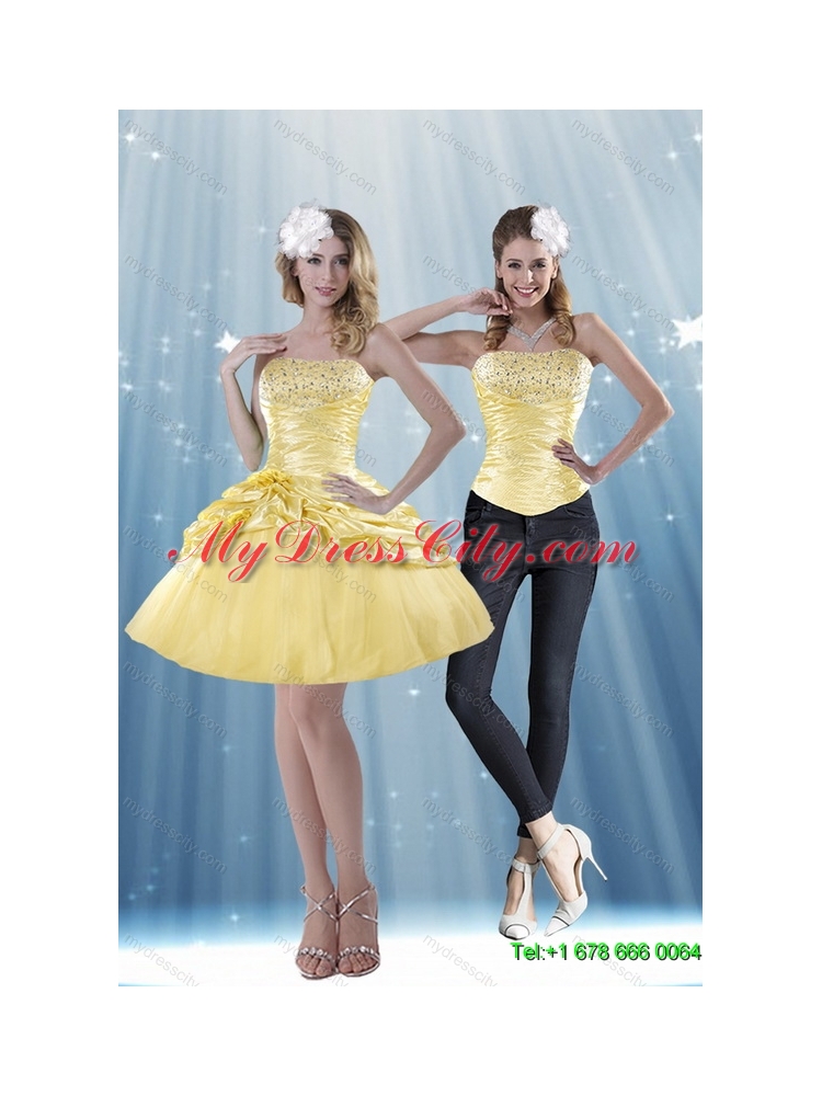 Detachable 2015 Strapless Beading and Pick Ups Prom Skirts in Yellow