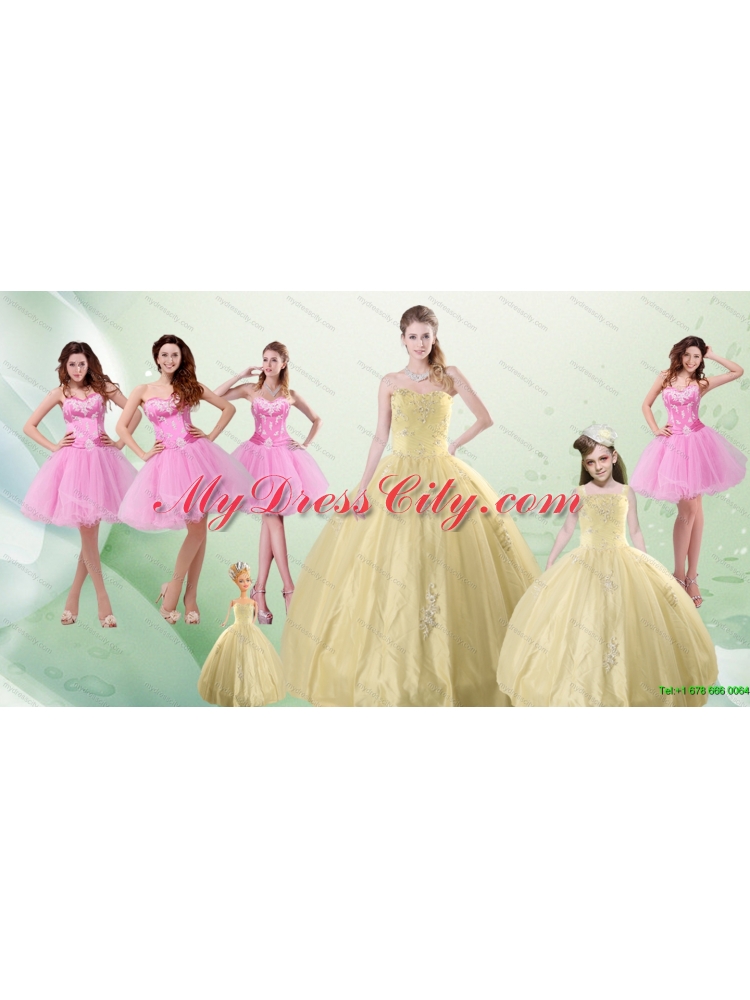 2015 Beautiful Sweetheart Champagne Quinceanera Dress and Pink Dama Dresses and Straps Ball Gown Little Girl Dress