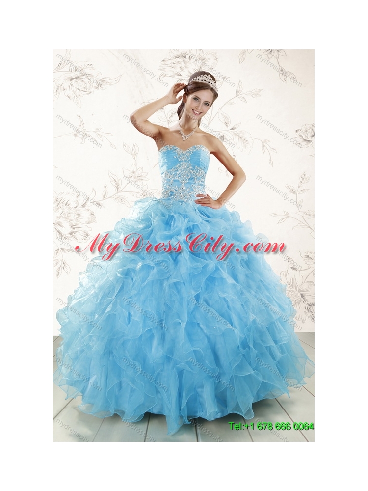 Baby Blue Ruffles Quinceanera Dress and Hand Made Flowers Baby Pink Dama Dresses and Straps Appliques Little Girl Dress