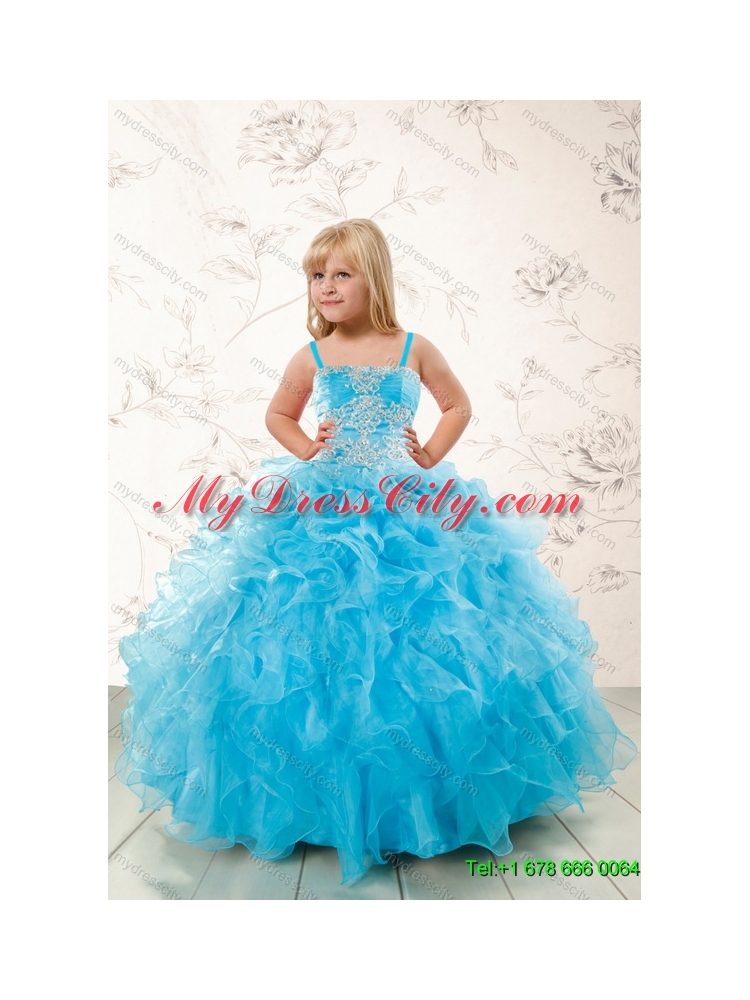 Baby Blue Ruffles Quinceanera Dress and Hand Made Flowers Baby Pink Dama Dresses and Straps Appliques Little Girl Dress