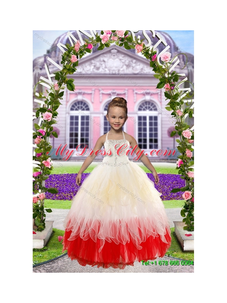 Multi Color Strapless Beading Quinceanera Dress and White Strapless Ruching Prom Dresses and  Halter Top Beading Little Girl Dress