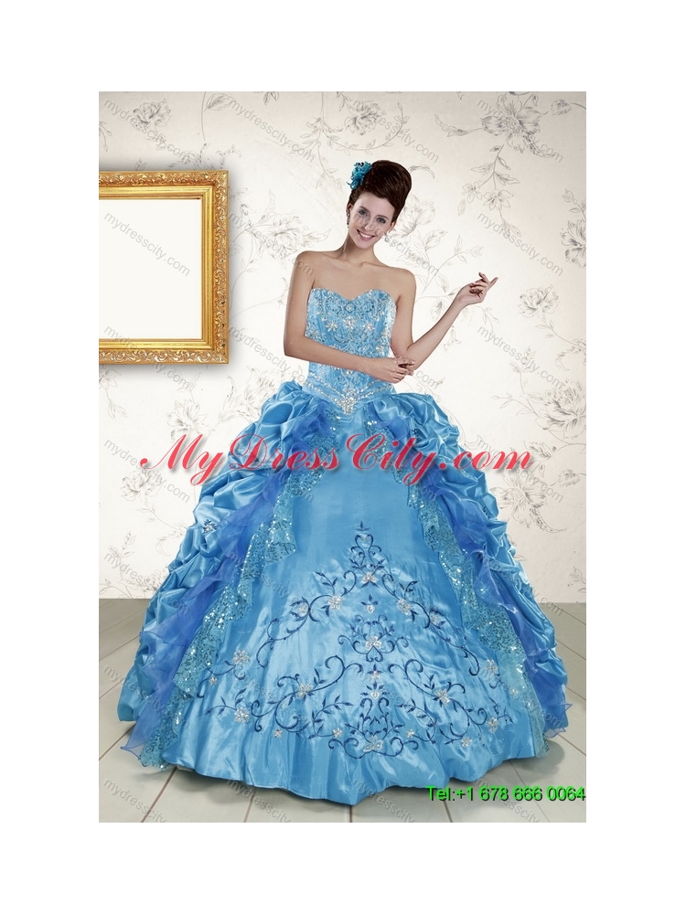 Teal Sweetheart Embroidery Quinceanera Dress and Strapless Short Dama Dresses and Spaghetti Straps Ruffles Flower Girl Dress
