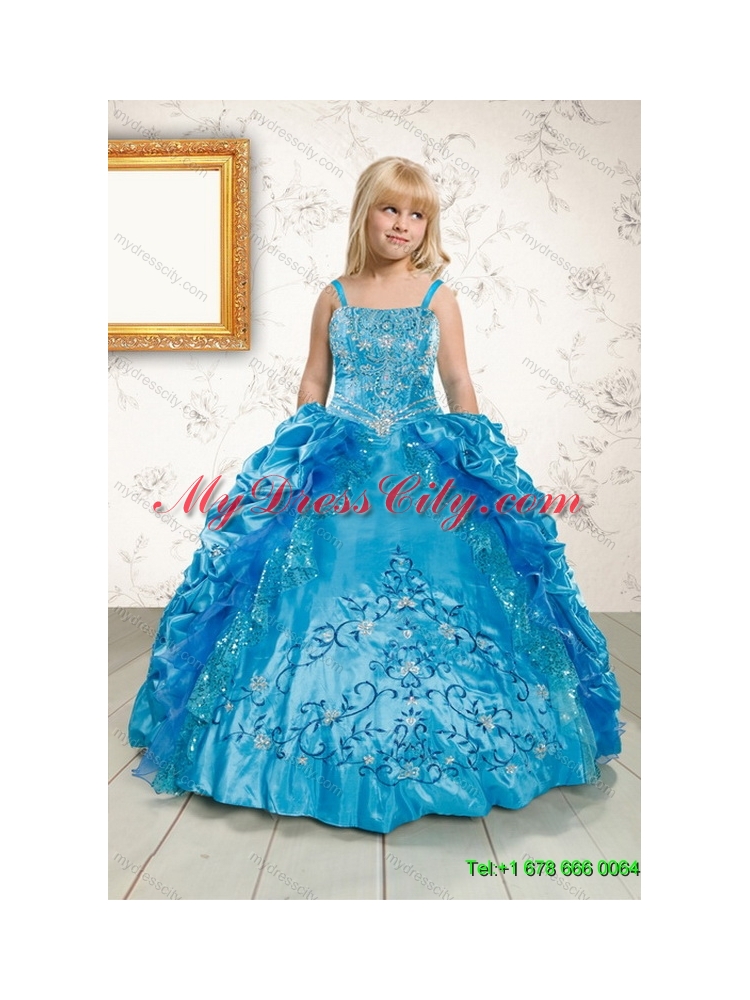 Teal Sweetheart Embroidery Quinceanera Dress and Strapless Short Dama Dresses and Spaghetti Straps Ruffles Flower Girl Dress