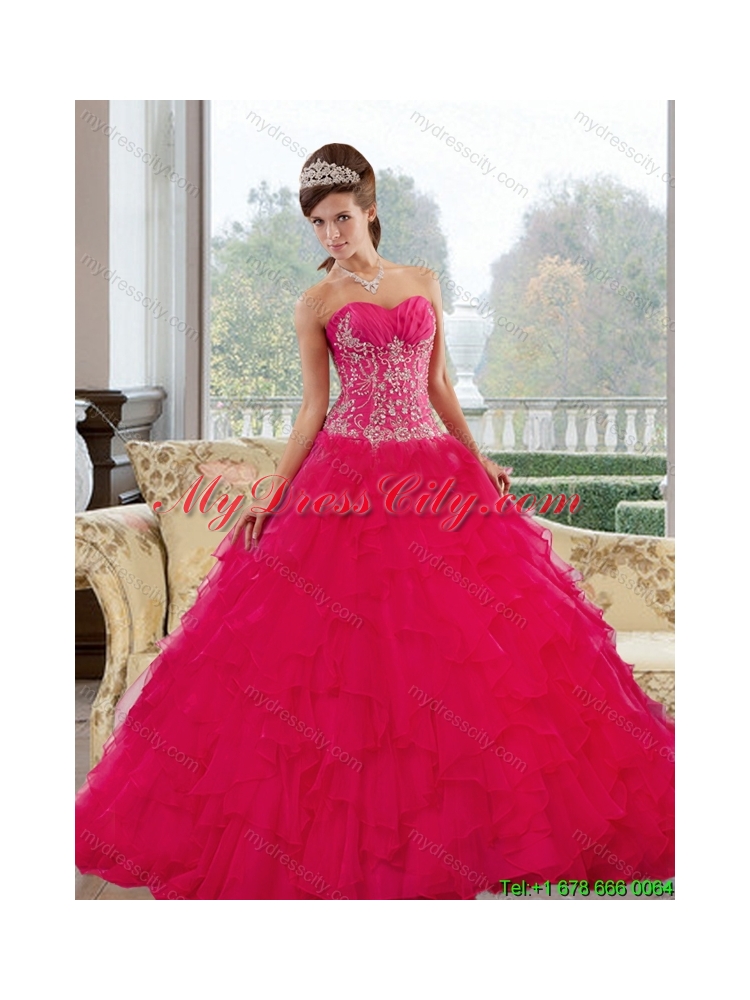 Cheap Sweetheart 2015 Red Quinceanera Dresses with Appliques and Ruffles
