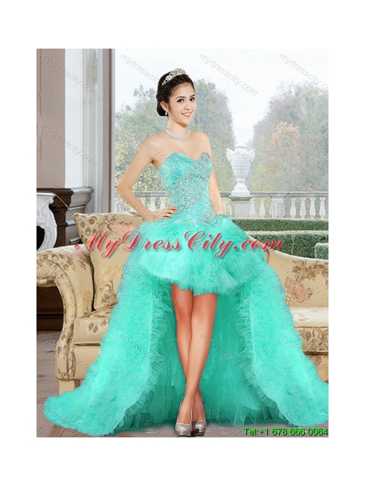 Designer 2015 High Low Prom Dress with Appliques and Ruffles