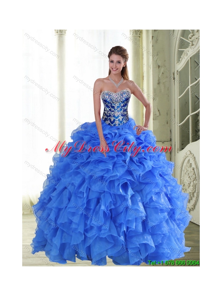 2015 Elegant Beading and Ruffles Strapless Quinceanera Dresses in Blue