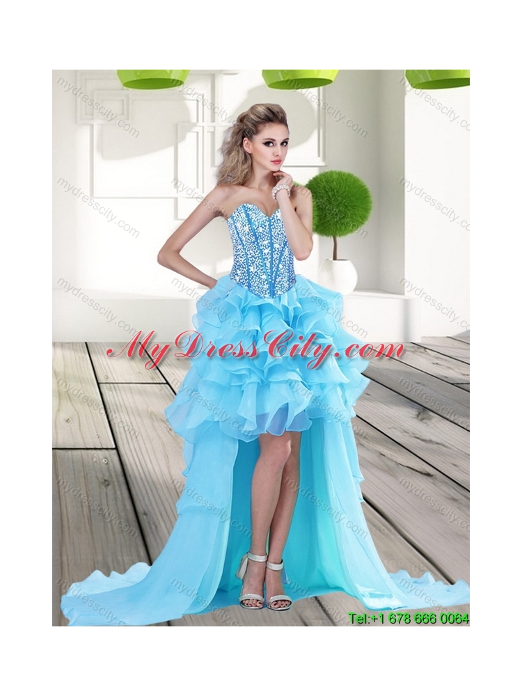 2015 Beautiful Aqua Blue High Low Prom Dress with Beading and Ruffles