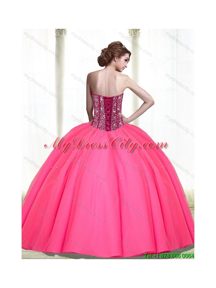 2015 Modest Beading Sweetheart Tulle Hot Pink Quinceanera Dresses