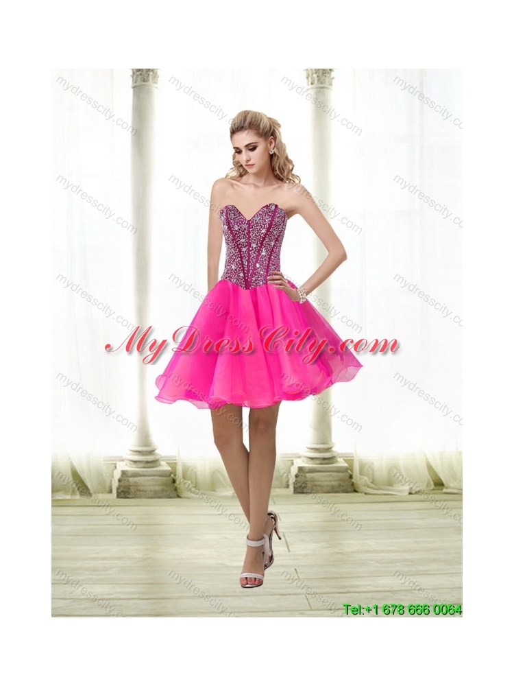 2015 Modest Beading Sweetheart Tulle Hot Pink Quinceanera Dresses