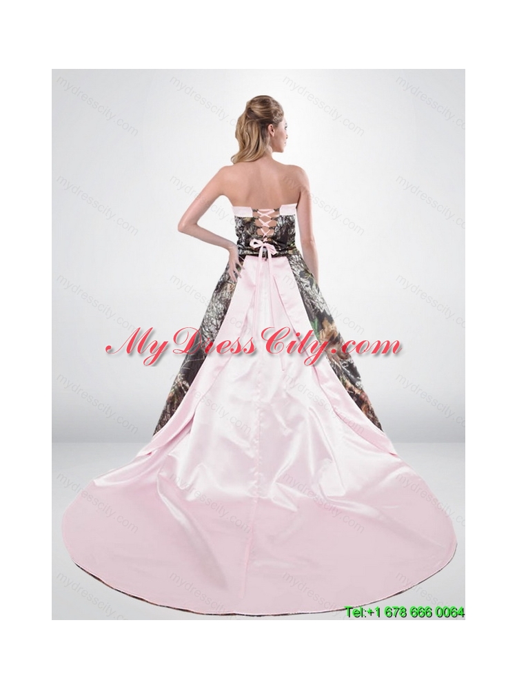 2015 Beautiful Strapless Chapel Train Camo Wedding Dresses in Multi Color