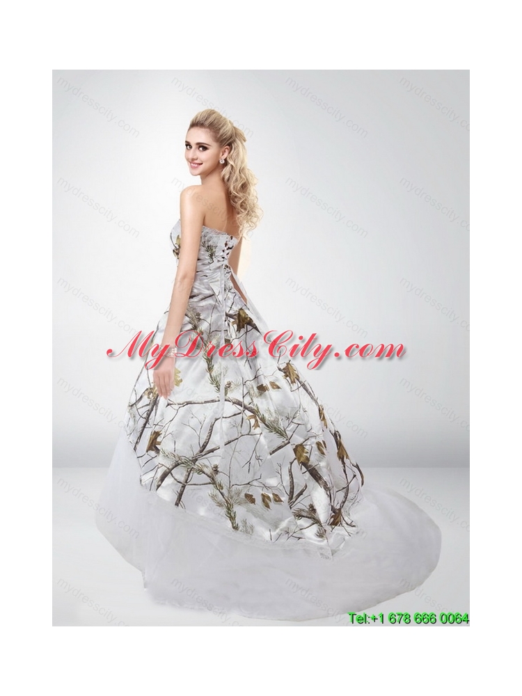 2015 Fashionable Strapless Camo Wedding Dresses with Brush Train