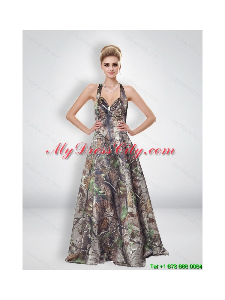 Elegant A Line Halter Top Multi Color Most Popular Camo Prom Dresses with Brush Train