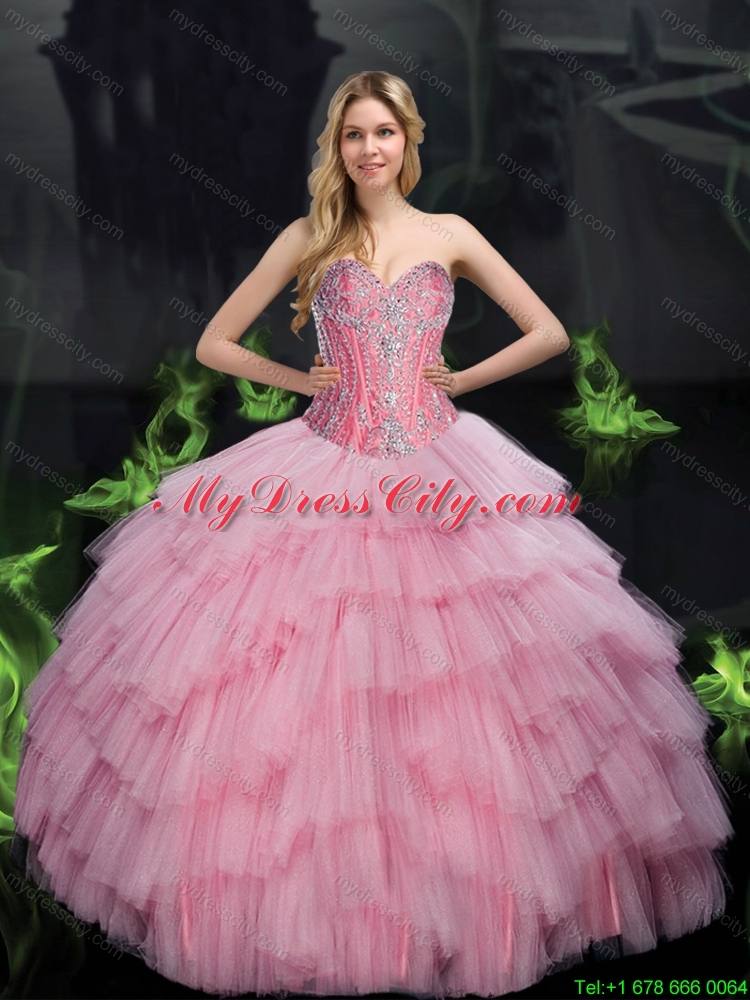 2015 Brand New Ball Gown Quinceanera Dresses with Beading in Baby Pink