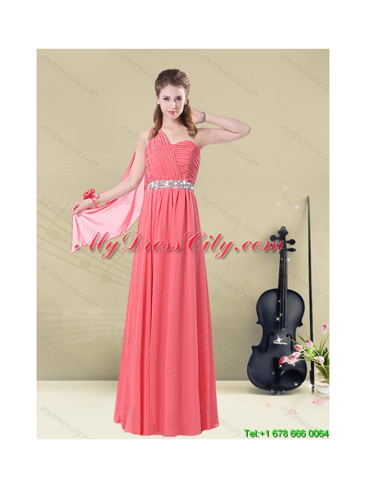 New Style  One Shoulder Beaded Long Dama Dresses with Ruches for 2015 Fall