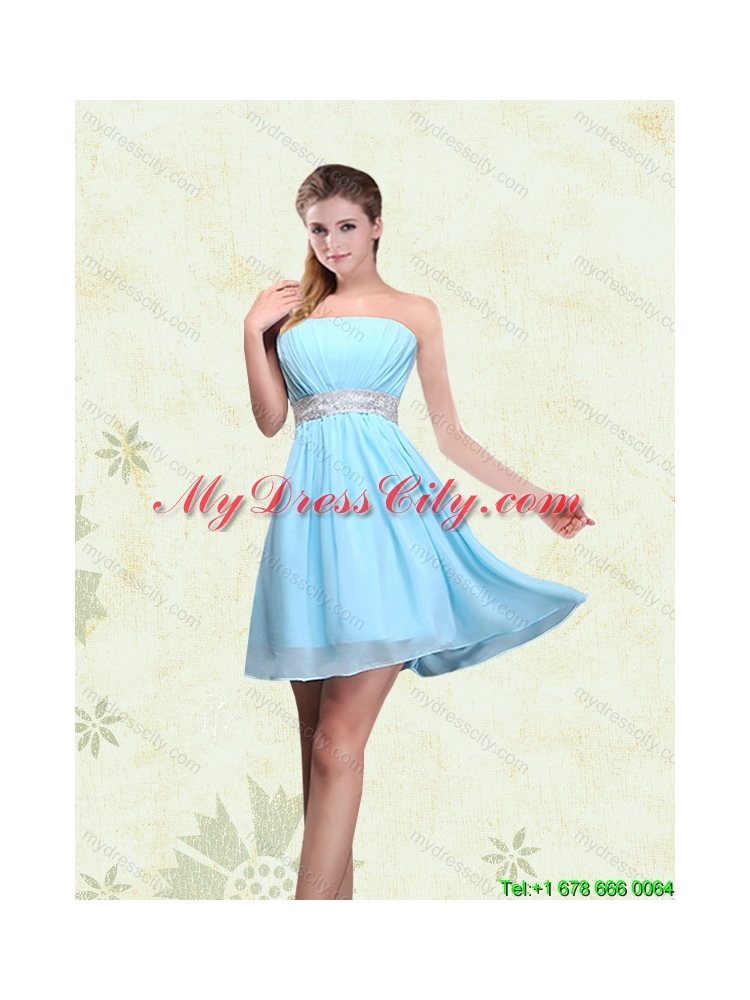 2015 Summer Strapless A Line Ruching Sequins Chiffon Pretty Dama Dresses