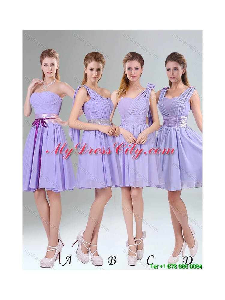 New Arrival Mini Length Lavender 2015 Summer Dama Dress with Ruching and Handmade Flower