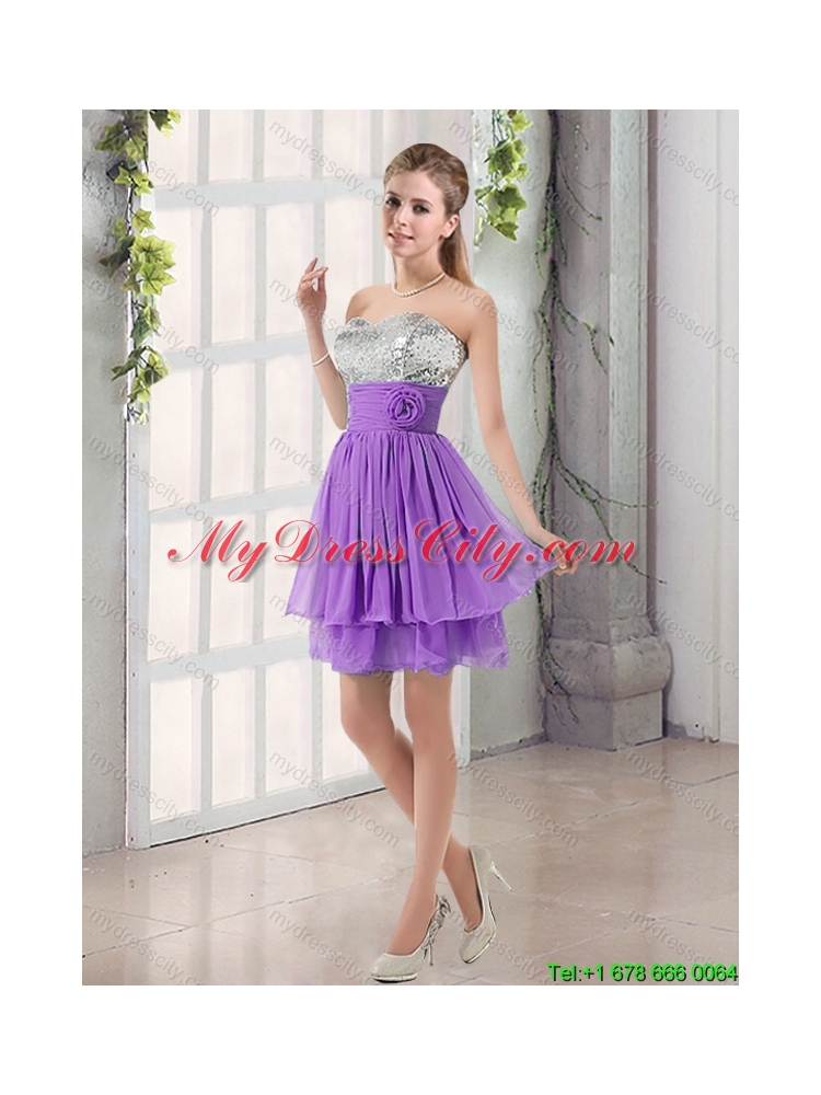 Sweetheart A Line Luxurious Dama Dress with Sequins and Handle Made Flowers