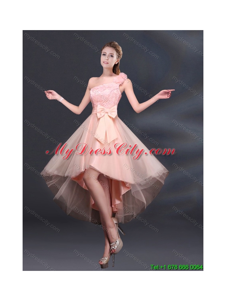 2015 New Style Bowknot High Low Lace Up Dama Dress with One Shoulder