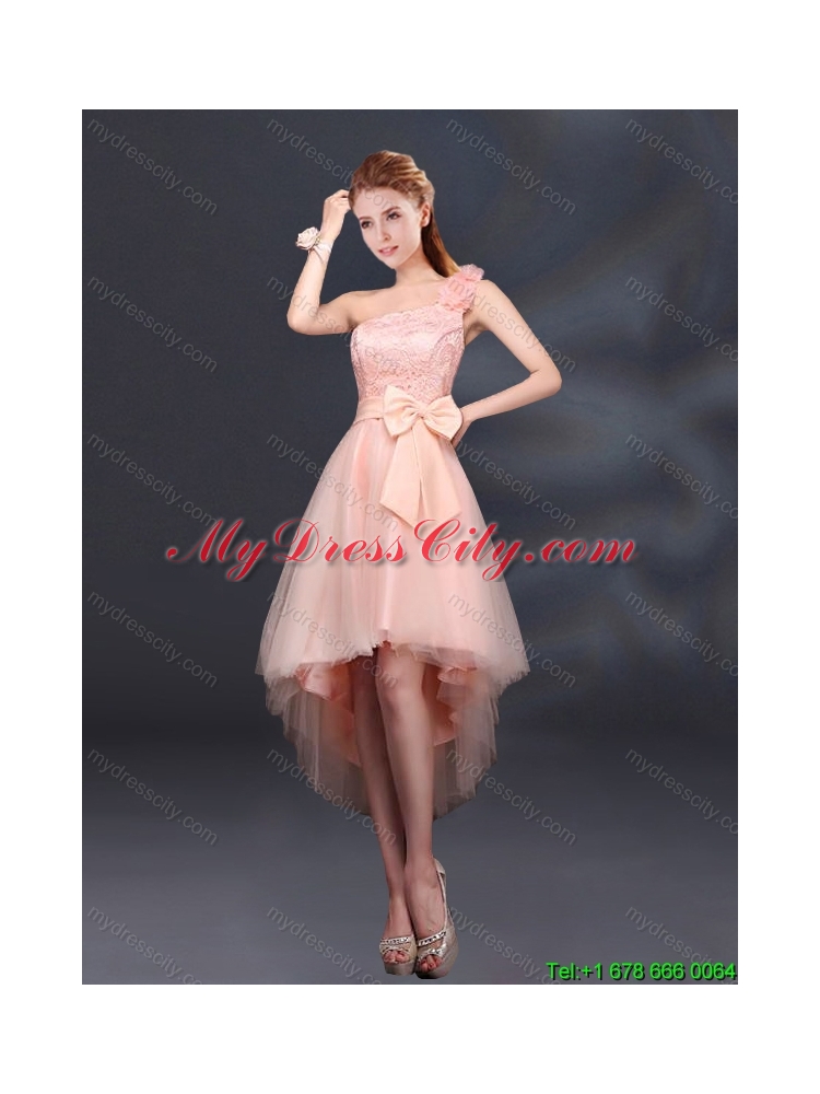 2015 New Style Bowknot High Low Lace Up Dama Dress with One Shoulder
