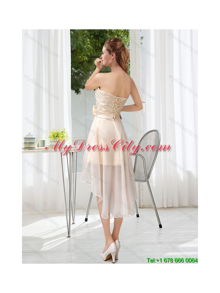 Luxurious 2015 Summer Strapless A Line Dama Dress with Belt and Lace