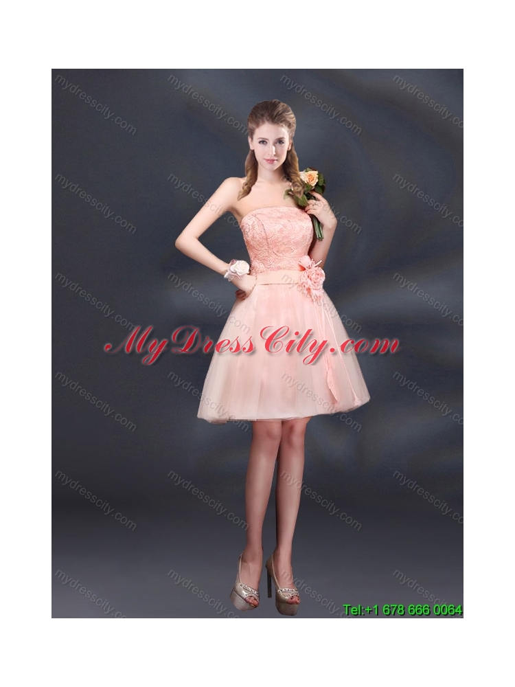 Perfect Strapless A Line Hand Made Flowers Dama Dress for 2015 Summer
