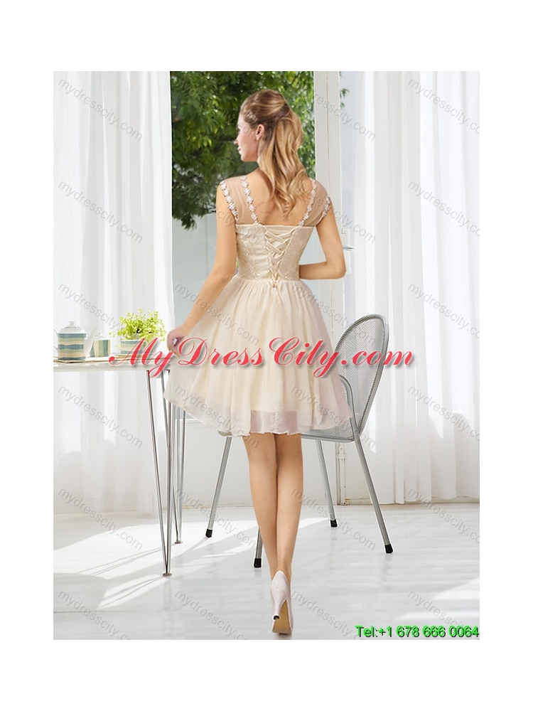 Straps Lace Sleeveless Beautiful Dama Dress with Mini Length