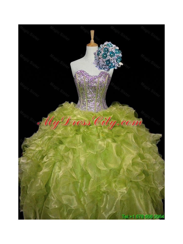 Luxurious Ball Gown Sweet 16 Dresses with Sequins and Ruffles in Yellow Green