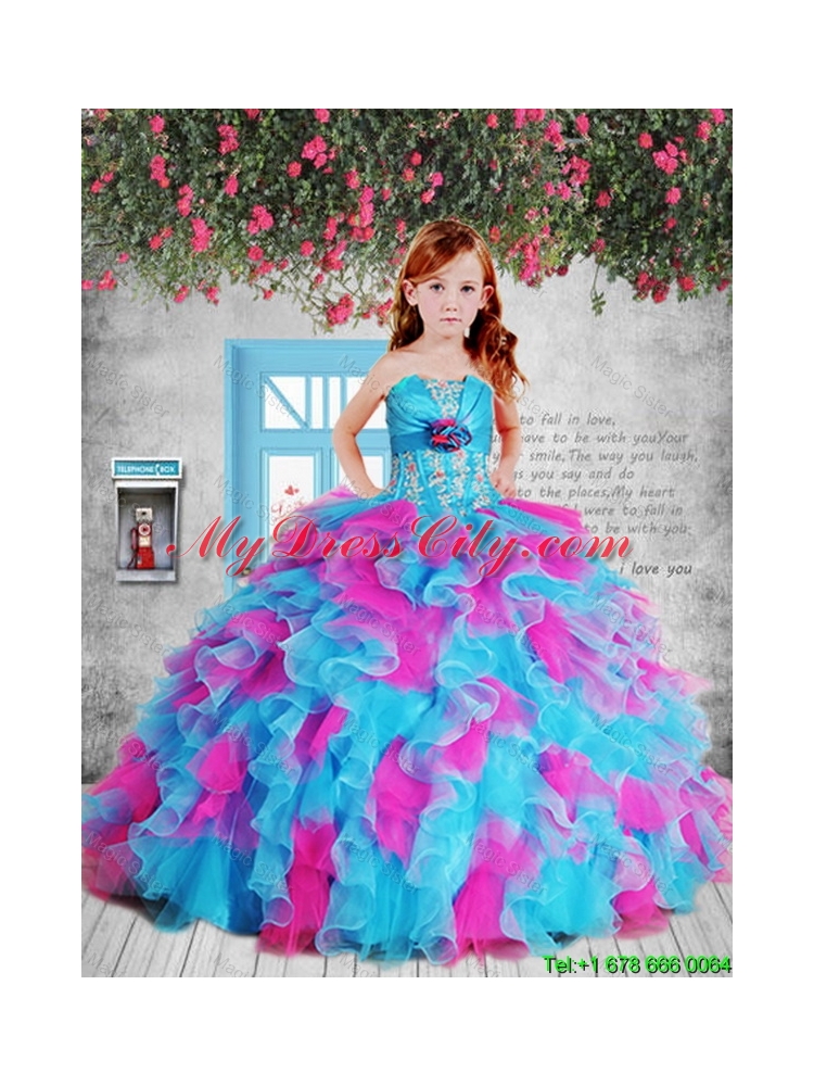 Luxurious 2016 Winter Appliques Pink and Blue Litttle Girl Pageant Dress with Hand Made Flower and Ruffles