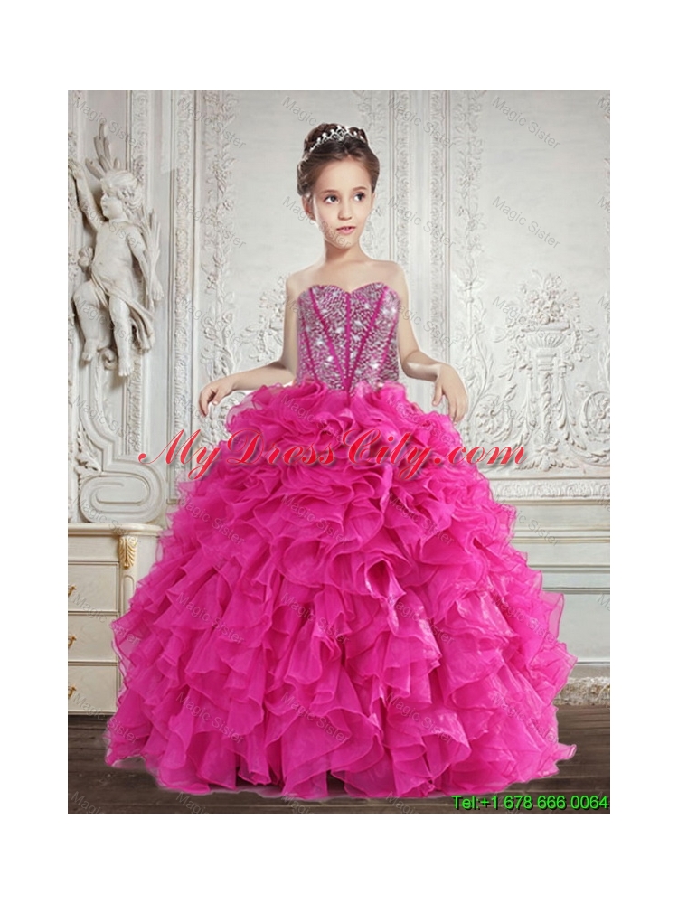Pretty 2016 Summer Beading and Ruffles Little Girl Pageant Dresses in Fuchsia