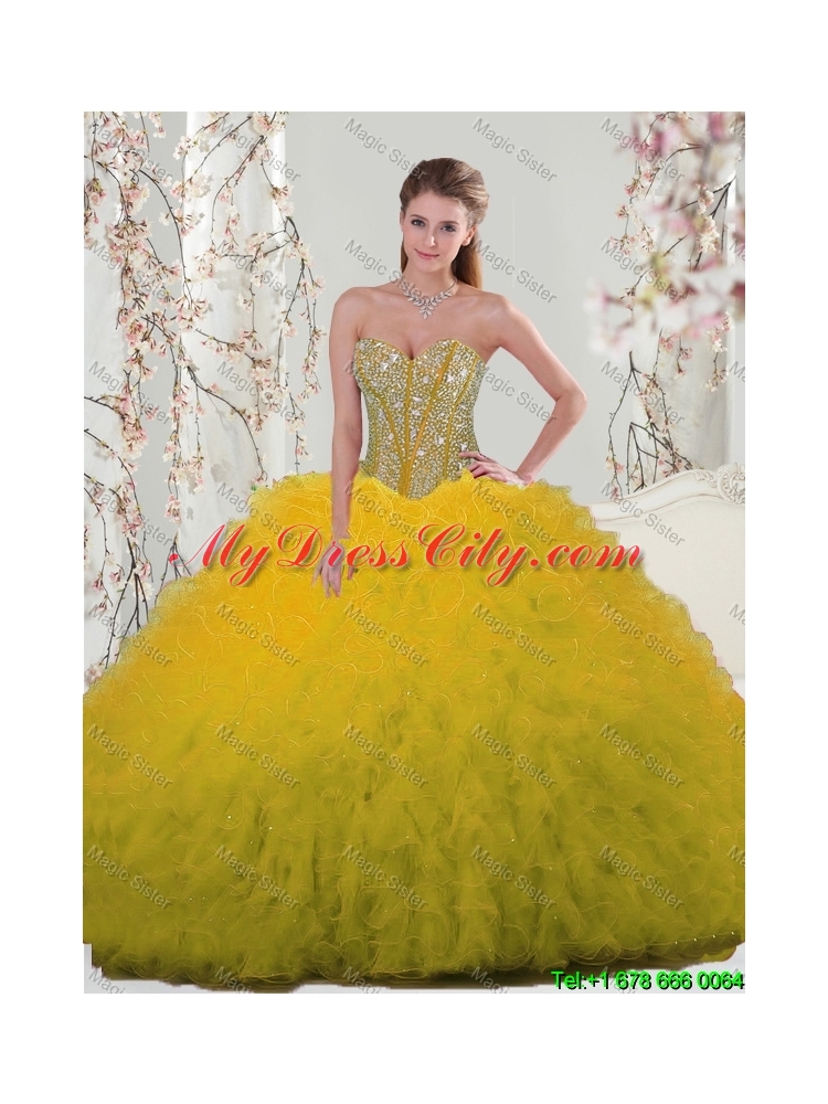 2016 Fall New Style Sweetheart Beaded and Ruffles Detachable Quinceanera Dresses in Yellow