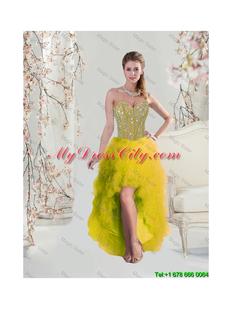 2016 Fall New Style Sweetheart Beaded and Ruffles Detachable Quinceanera Dresses in Yellow