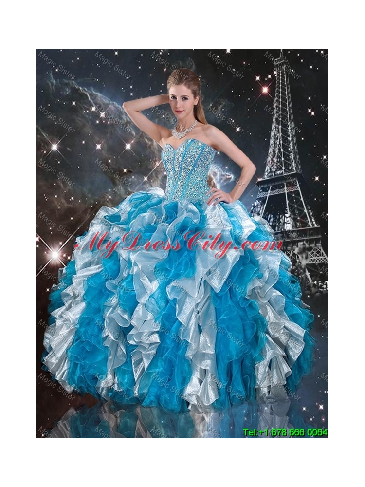 Luxurious 2016 Fall Beaded White and Blue Sweet 16 Gowns with Ruffles