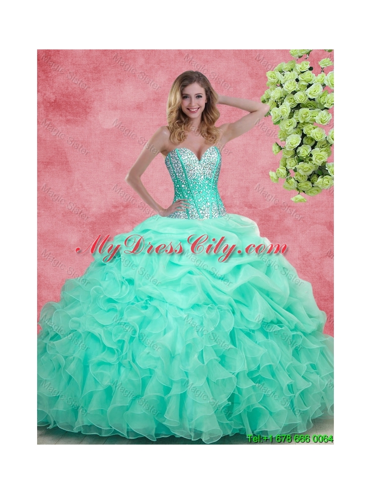2015 Elegant Summer Apple Green Quinceanera Dresses with Beading and Ruffles