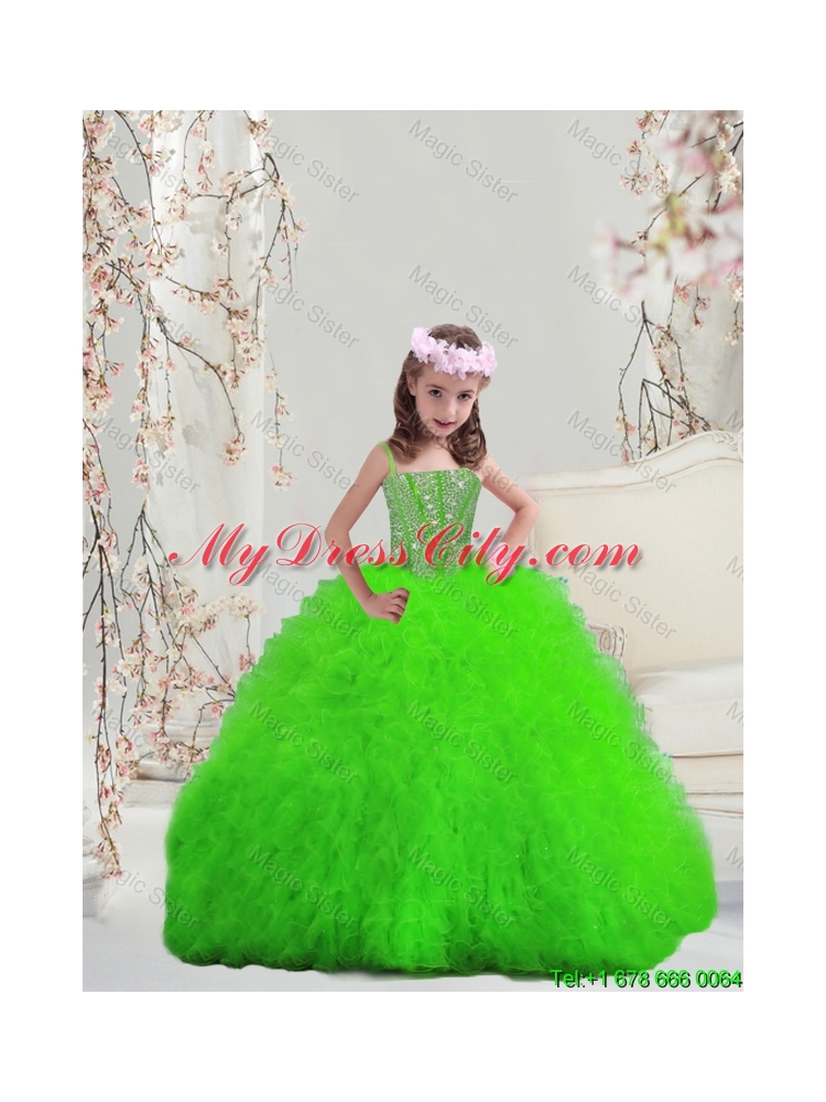 Suitable Spring Green Spaghetti Mini Quinceanera Dresses with Beading and Ruffles