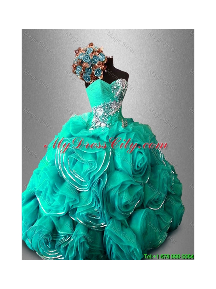 In Stock  Ball Gown Sweet 16 Dresses with Beading and Rolling Flowers