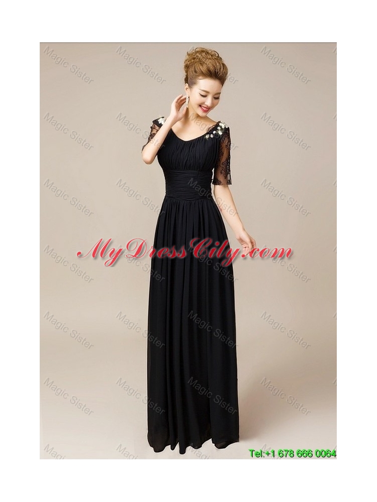 Gorgeous Half Sleeves Laced Black Prom Dresses with V Neck
