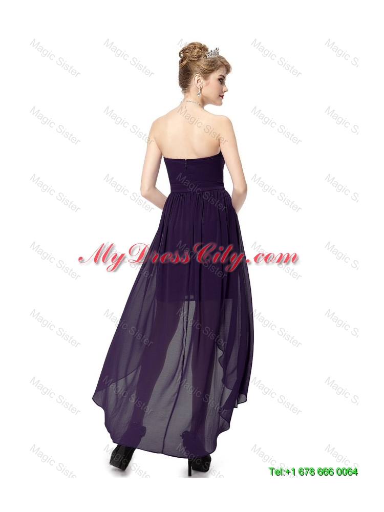 Cheap High Low Sweetheart Purple Prom Dresses with Ruching