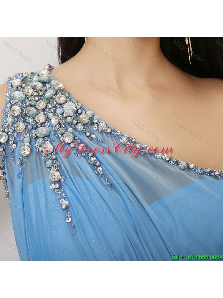 Discount Beaded Baby Blue Prom Dresses with One Shoulder